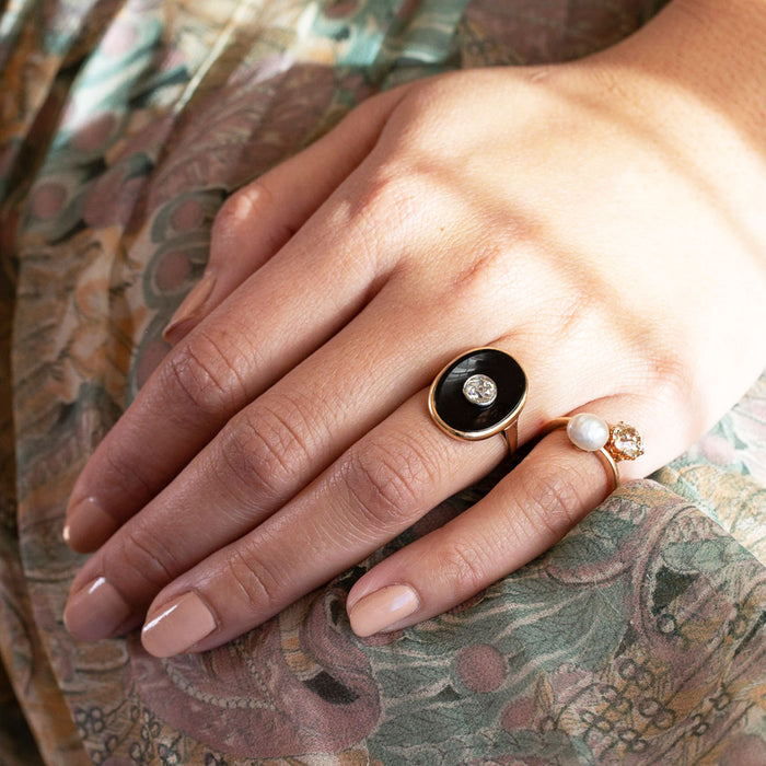 Victorian Onyx, Old Mine Cut Diamond And 14k Gold Ring