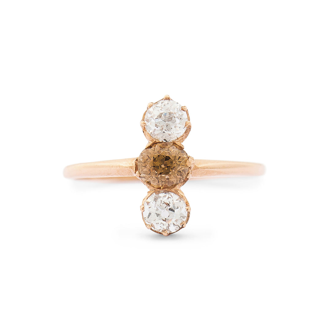 Victorian Old Mine Cut White And Brown Diamond And 18k Rose Gold Ring