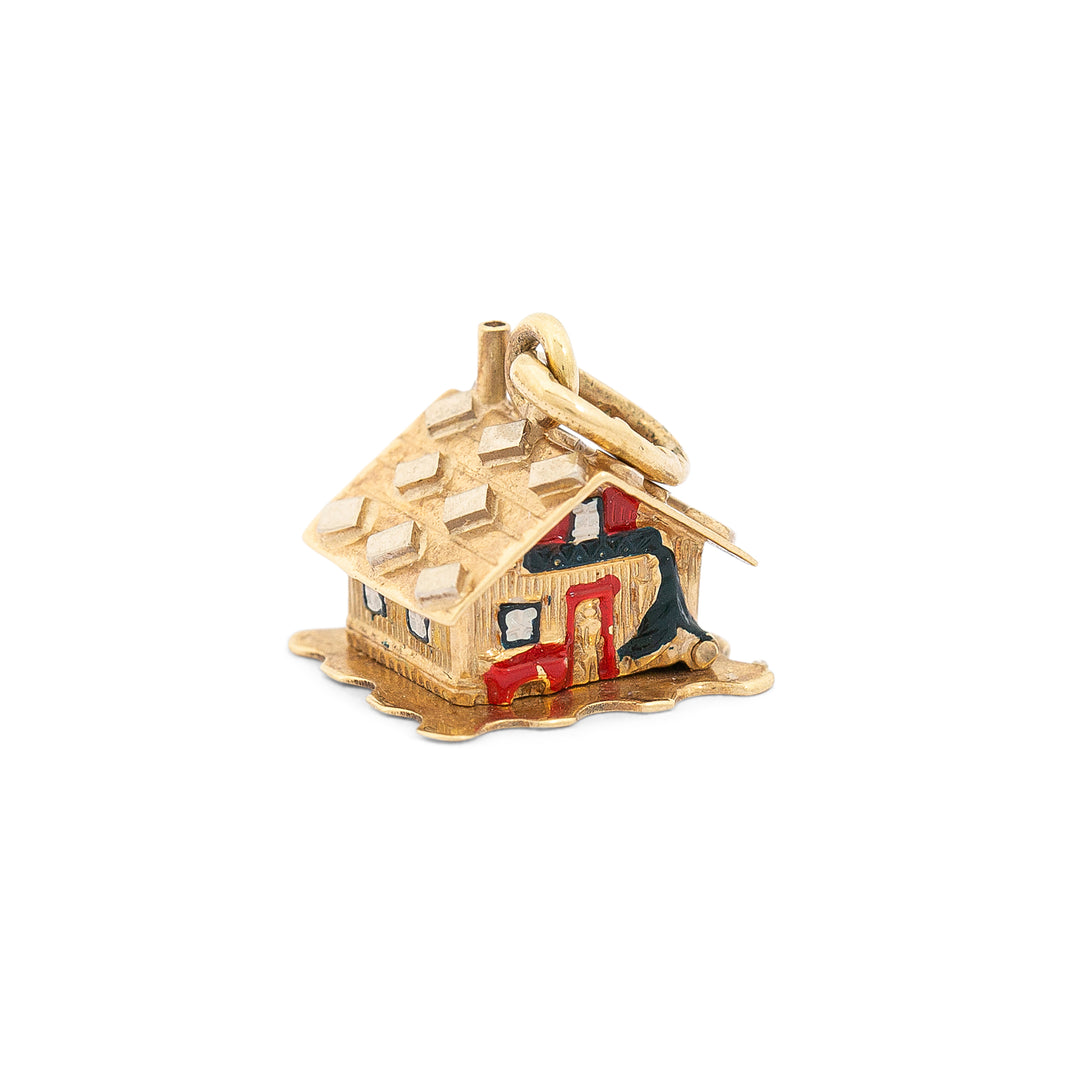 Movable 3-D Enamel House And 14K Gold Charm