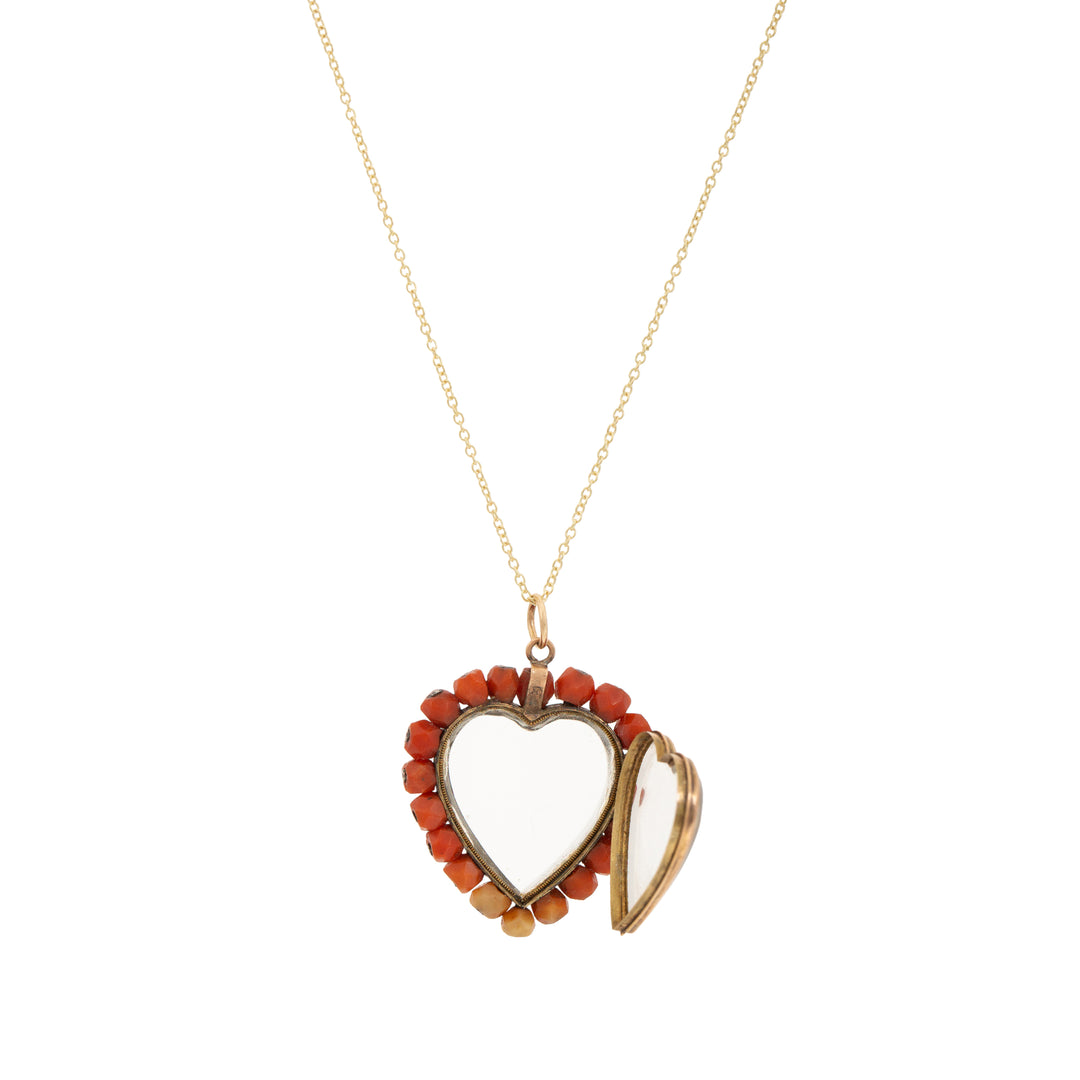 Victorian Coral Heart And 10k Gold Locket Necklace