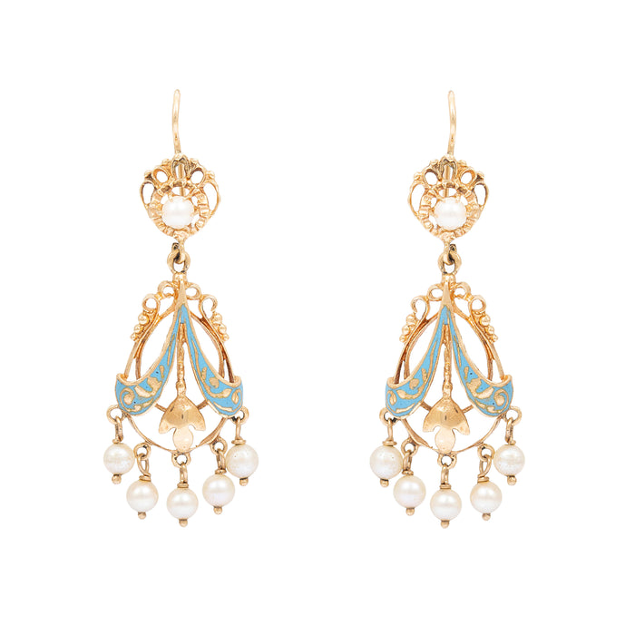 Victorian Blue Enamel And Pearl 14k Gold Chandelier Earrings