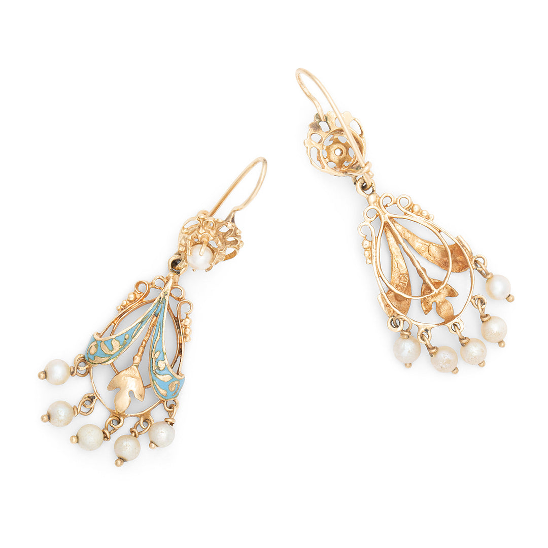 Victorian Blue Enamel And Pearl 14k Gold Chandelier Earrings