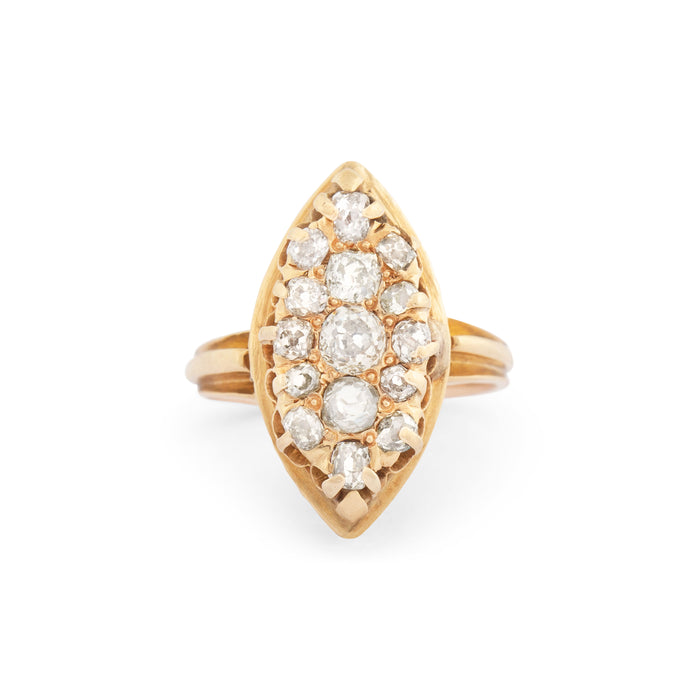 Victorian Navette Old Mine Cut Diamond And 12k Gold Ring