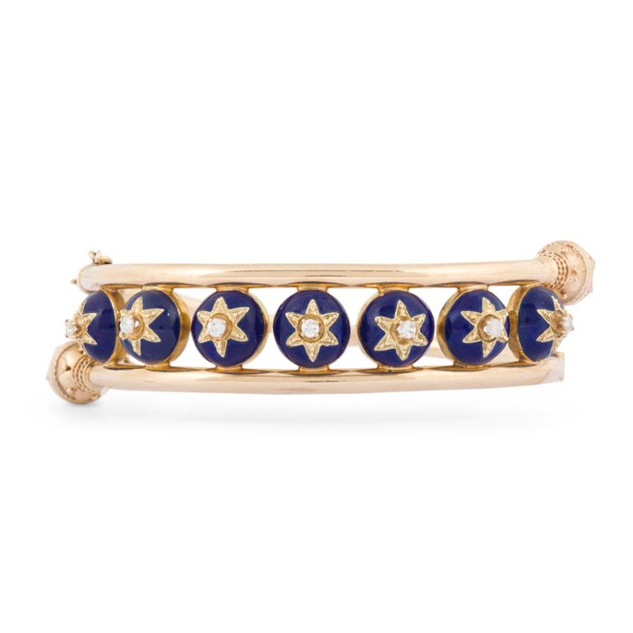 Etruscan Revival Style Enamel, Diamond, And 14k Gold Bangle Bracelet