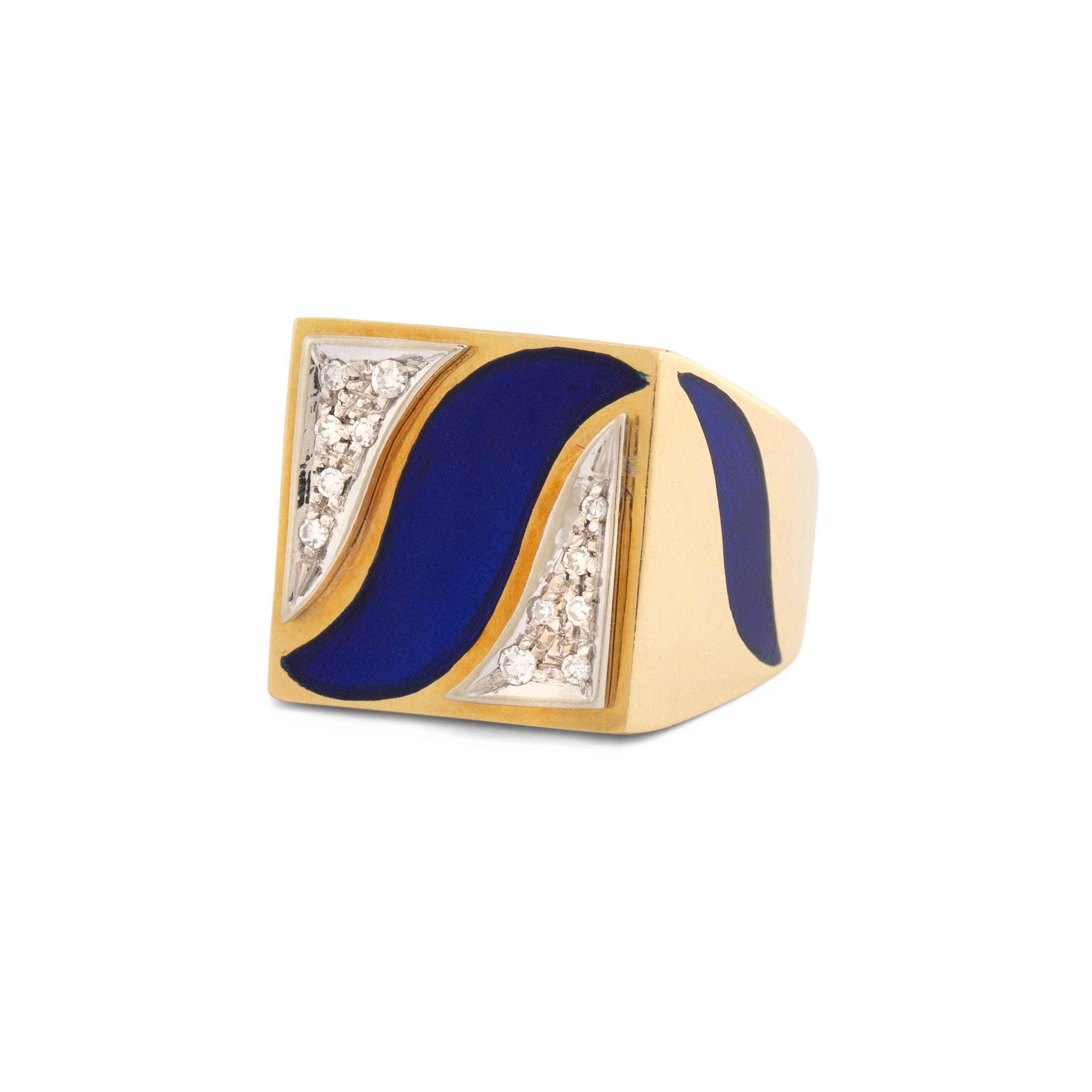 Blue Enamel And Diamond 18k Gold Cube Ring