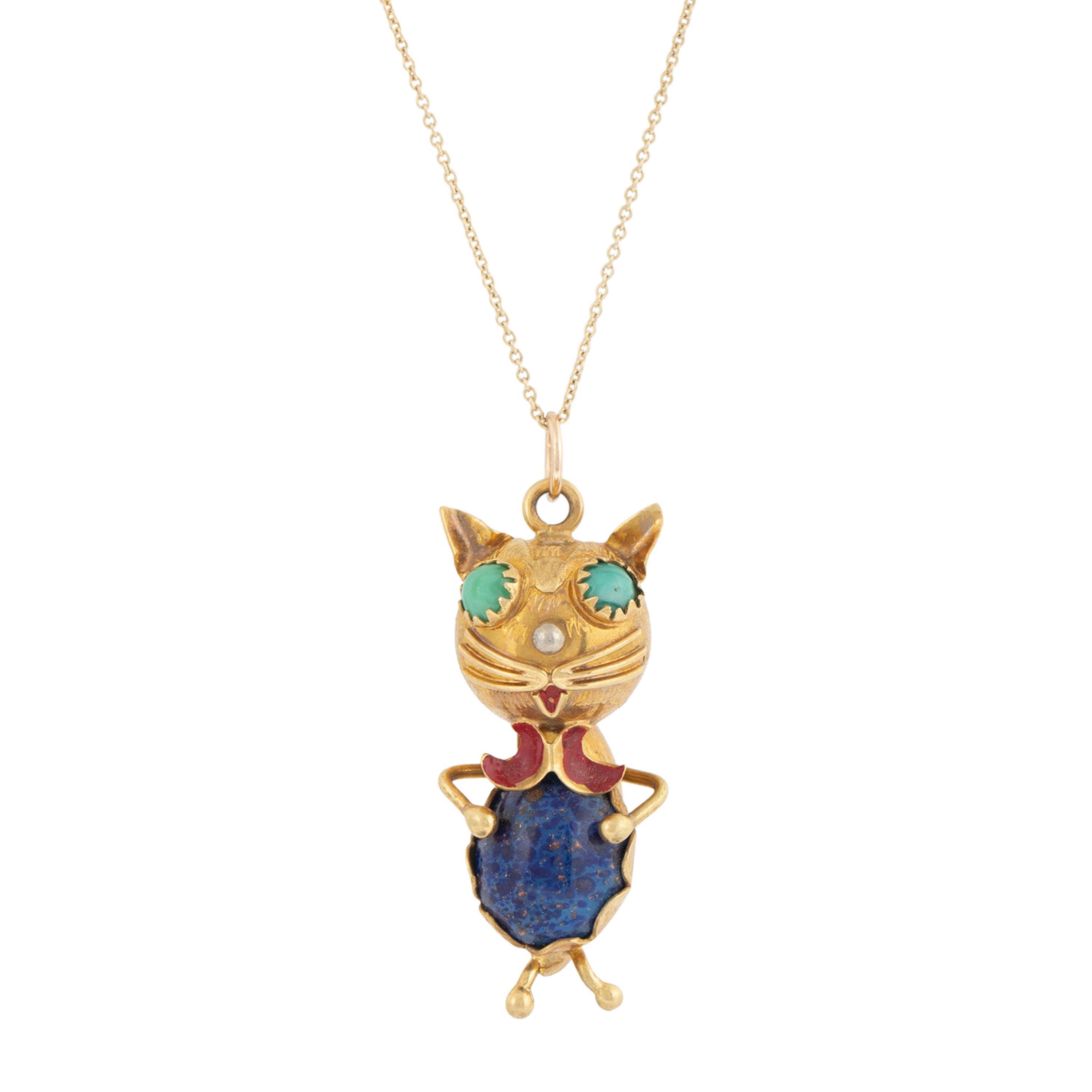Vintage Italian Blue Glass And 18k Gold Cat Pendant Necklace