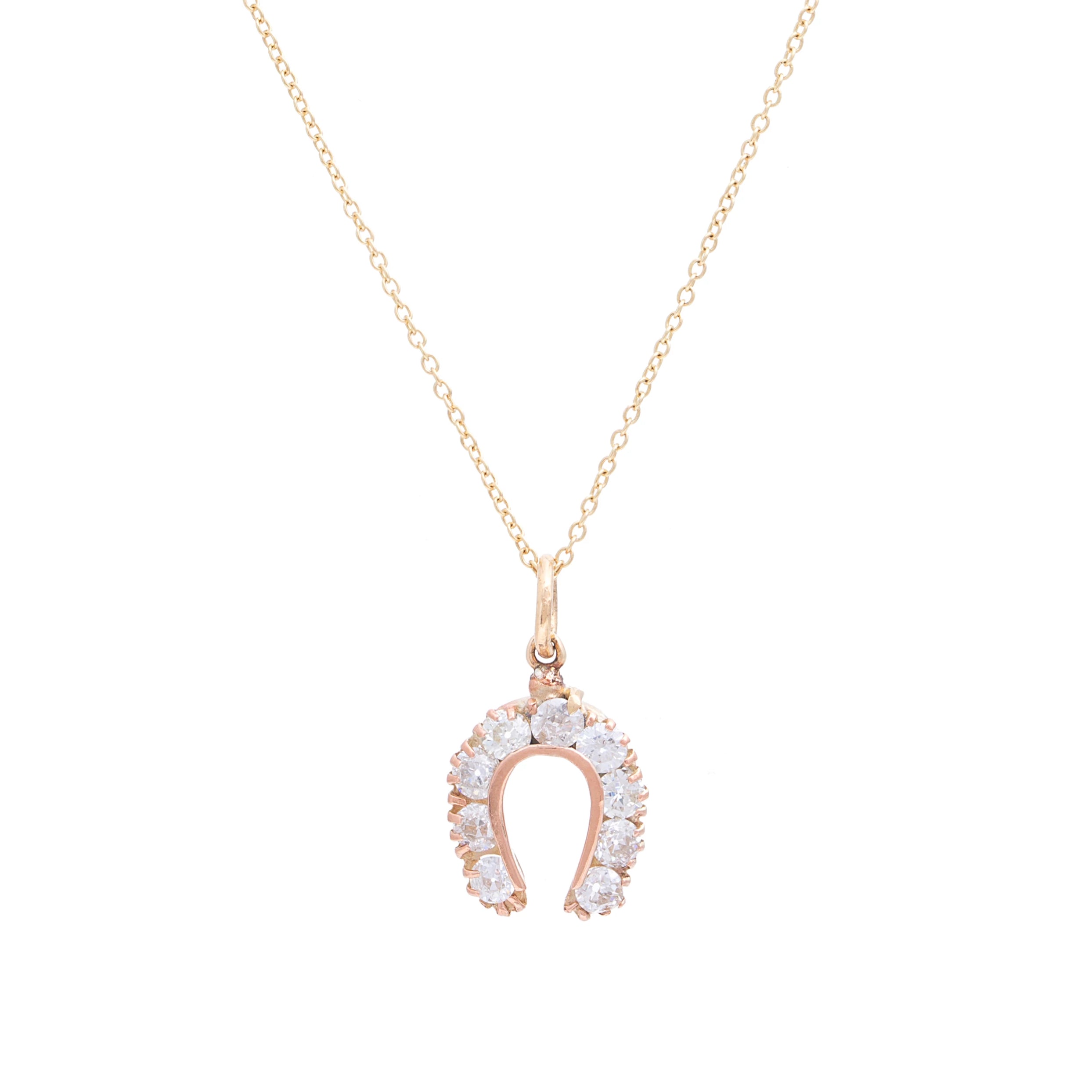 Victorian Old Mine Cut Diamond Horseshoe Pendant Necklace