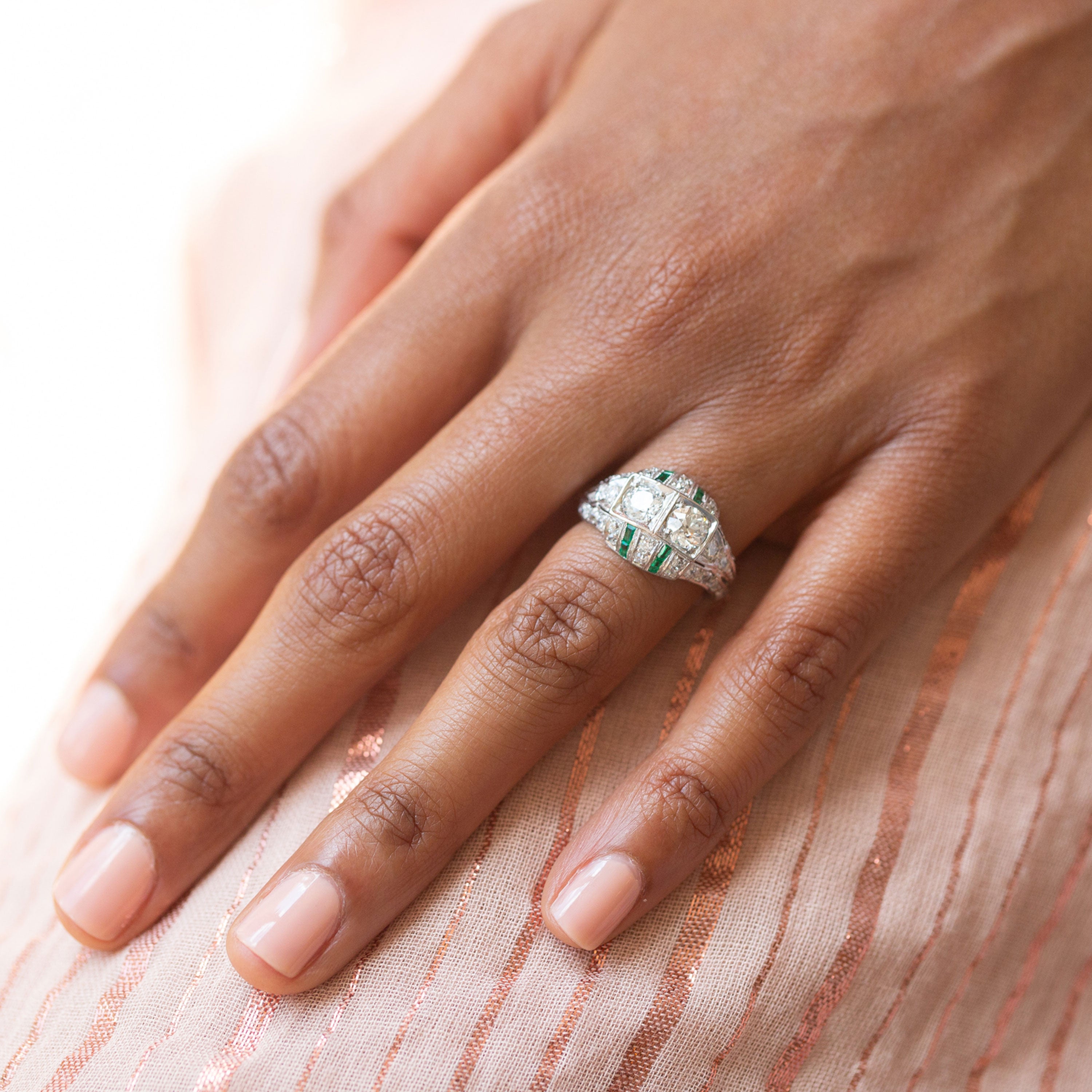 Art Deco Old European Cut Diamond And Calibre Cut Emerald Platinum Ring