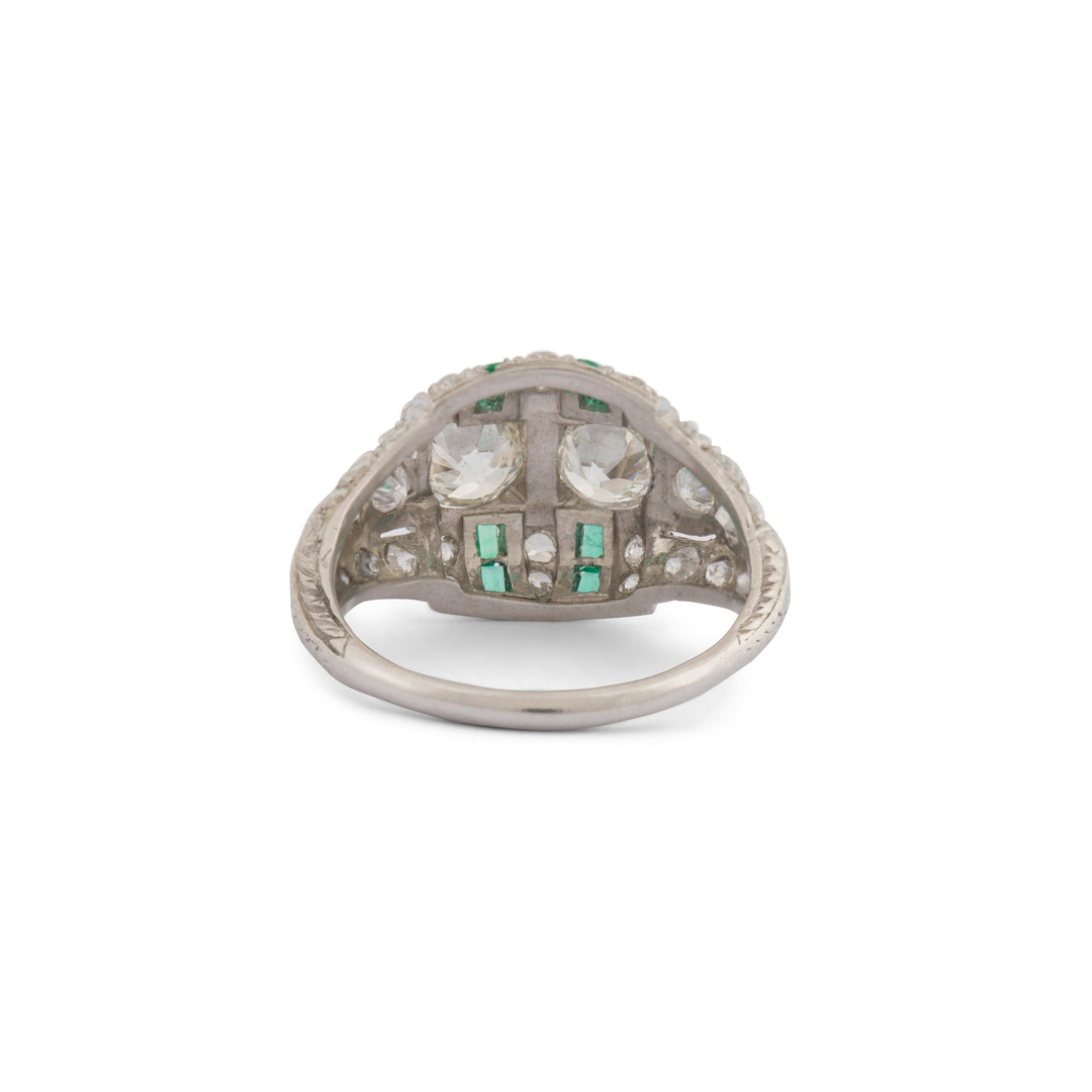 Art Deco Old European Cut Diamond And Calibre Cut Emerald Platinum Ring