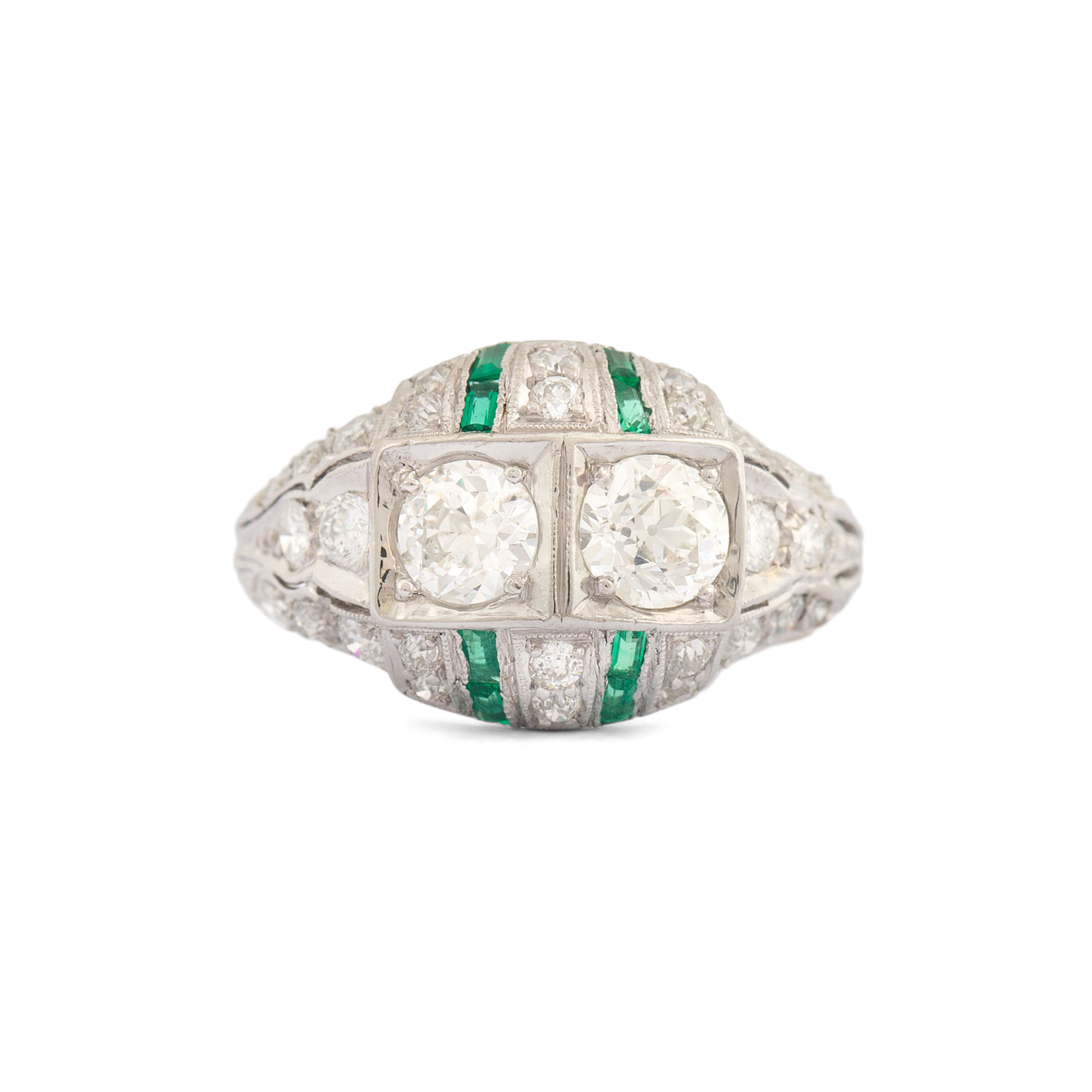 Art Deco Old European Cut Diamond And Calibre Cut Emerald Platinum Ring