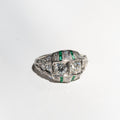 Art Deco Old European Cut Diamond And Calibre Cut Emerald Platinum Ring