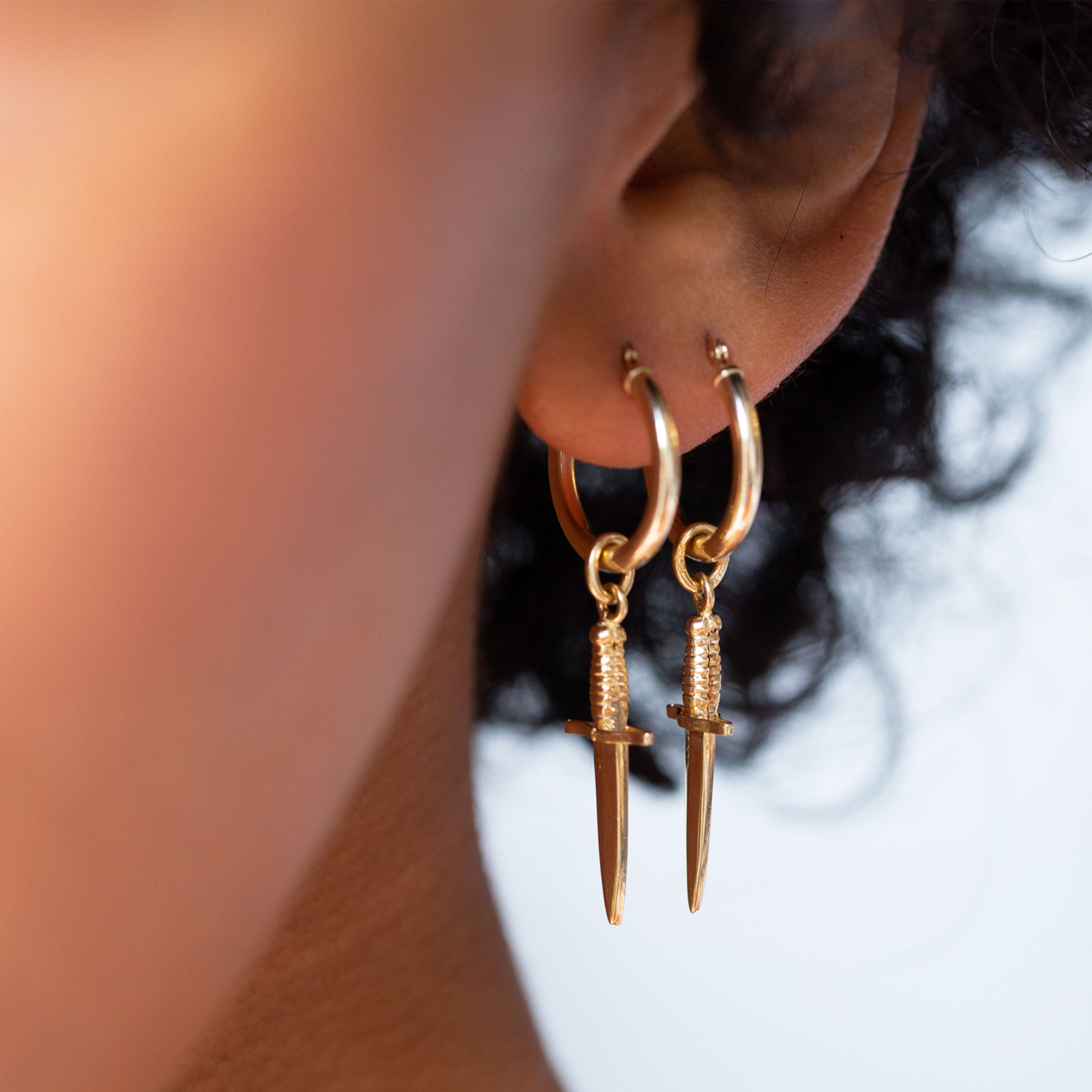 14K Gold Dagger Charm Earrings