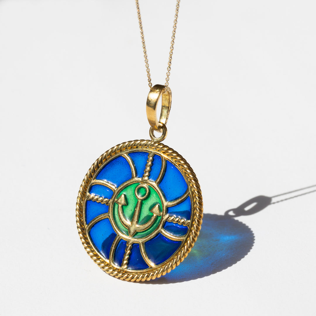 Italian Plique-À-Jour Anchor And 18k Gold Pendant Necklace