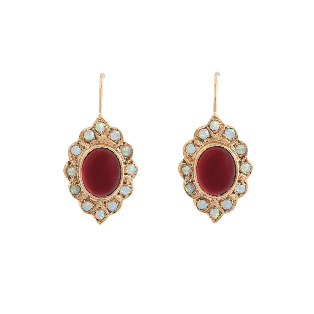 Garnet and Opal Cluster 9K Gold Drop Earrings