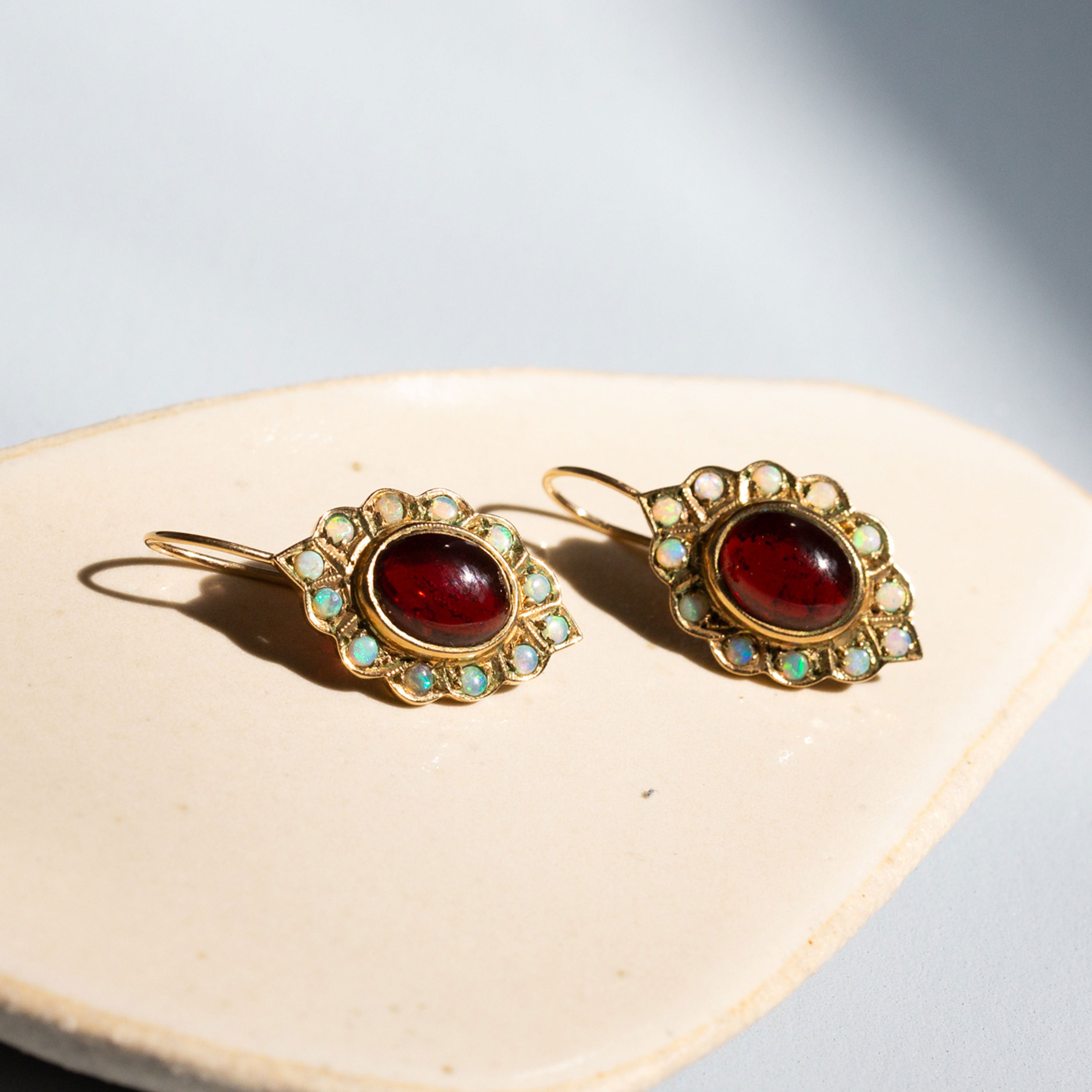 Garnet and Opal Cluster 9K Gold Drop Earrings