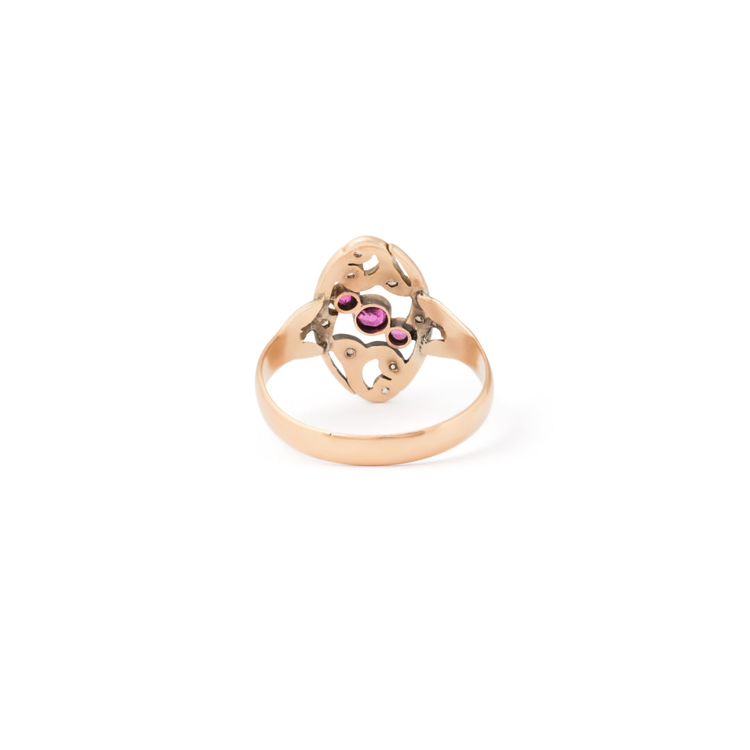 Ruby and Diamond Open Scrolling Gold Ring