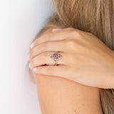 Ruby and Diamond Open Scrolling Gold Ring