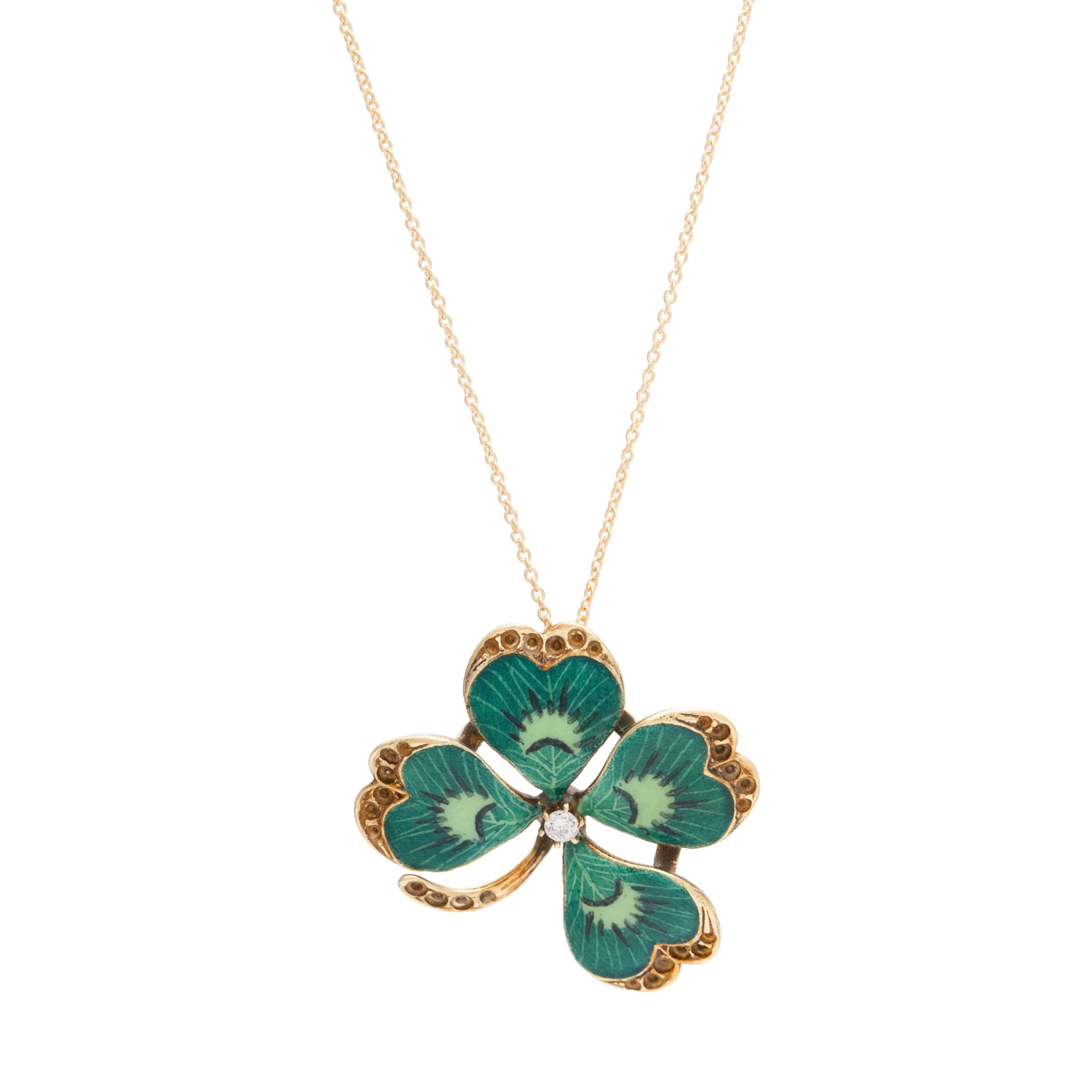 Victorian Four-Leaf Clover Enamel and 14K Gold Pendant Necklace