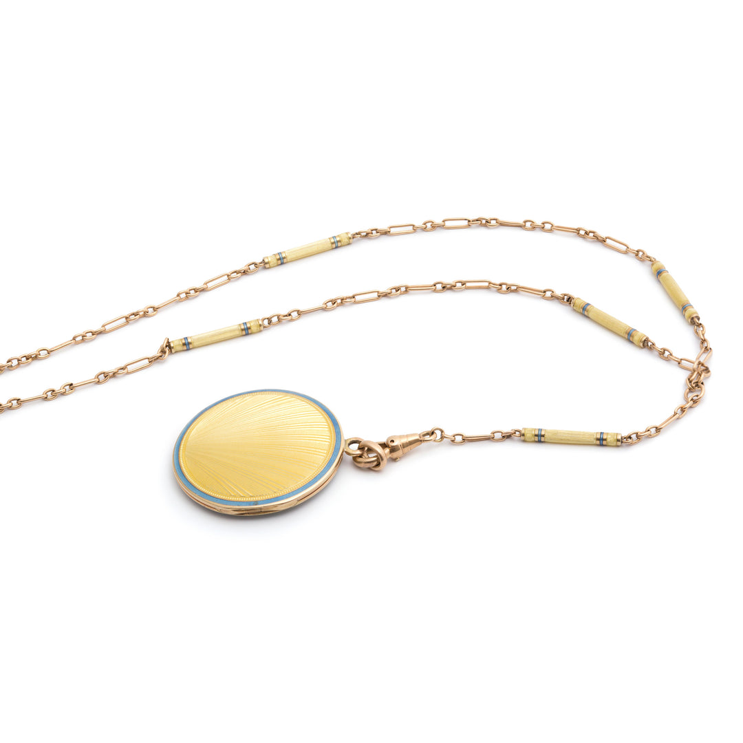 Art Deco "Sunrise" Guilloche Enamel 14k Gold Locket and Chain