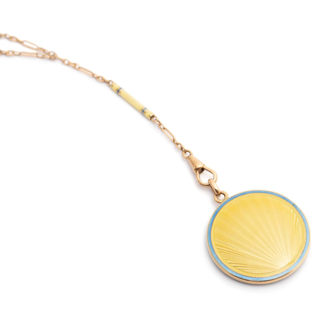 Art Deco "Sunrise" Guilloche Enamel 14k Gold Locket and Chain