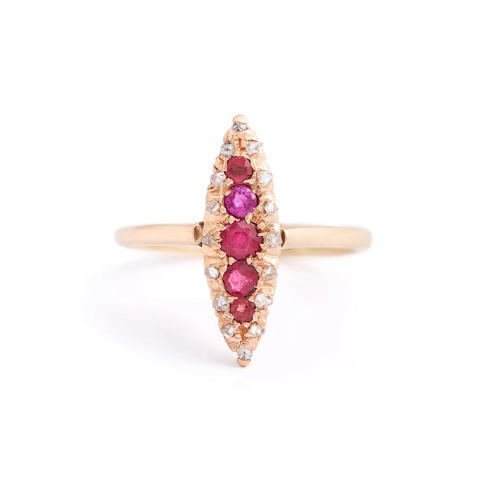 Victorian Ruby and Rose Cut Diamond Navette 10k Gold Ring