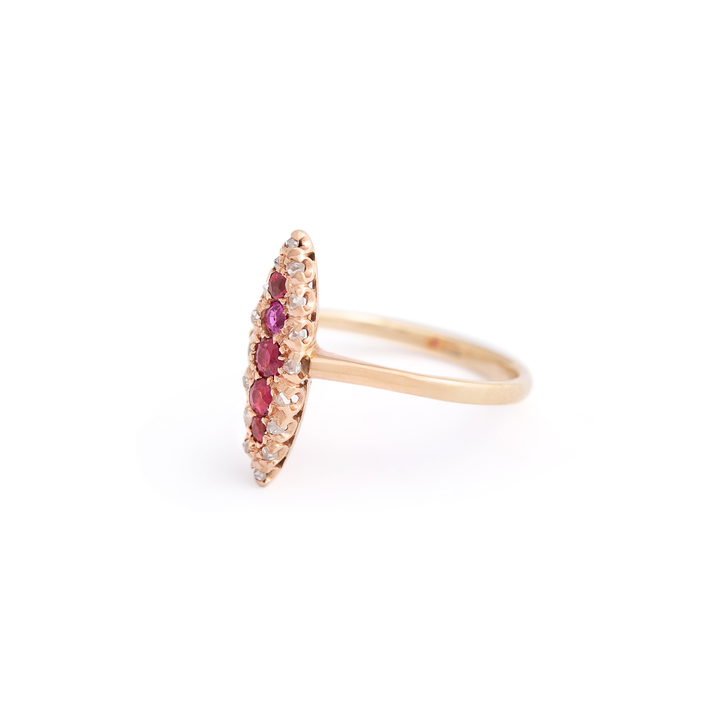 Victorian Ruby and Rose Cut Diamond Navette 10k Gold Ring