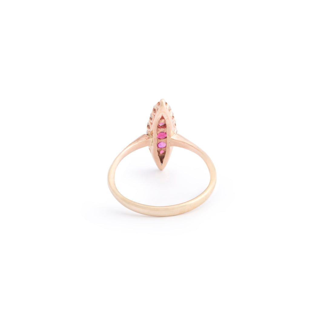 Victorian Ruby and Rose Cut Diamond Navette 10k Gold Ring