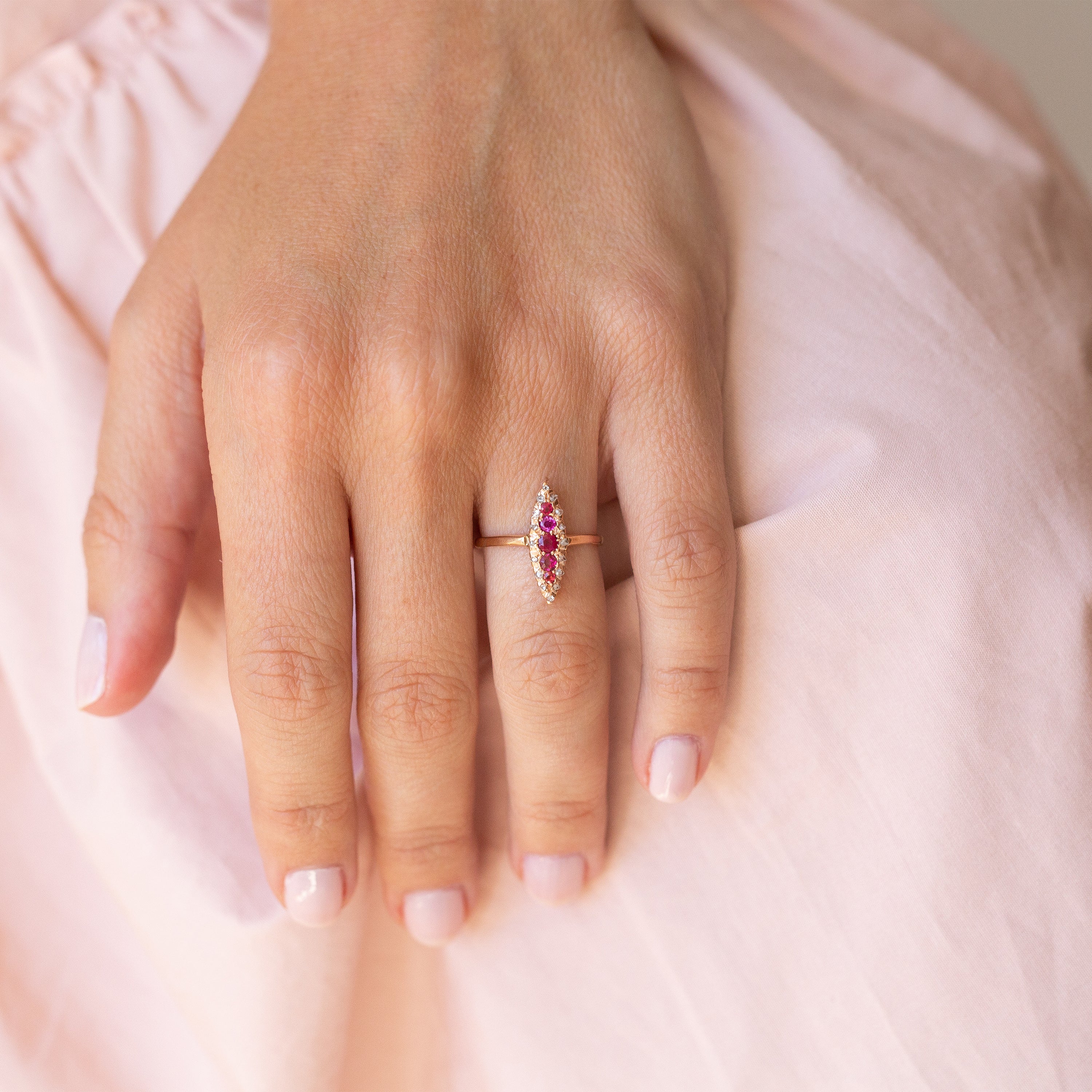 Victorian Ruby and Rose Cut Diamond Navette 10k Gold Ring