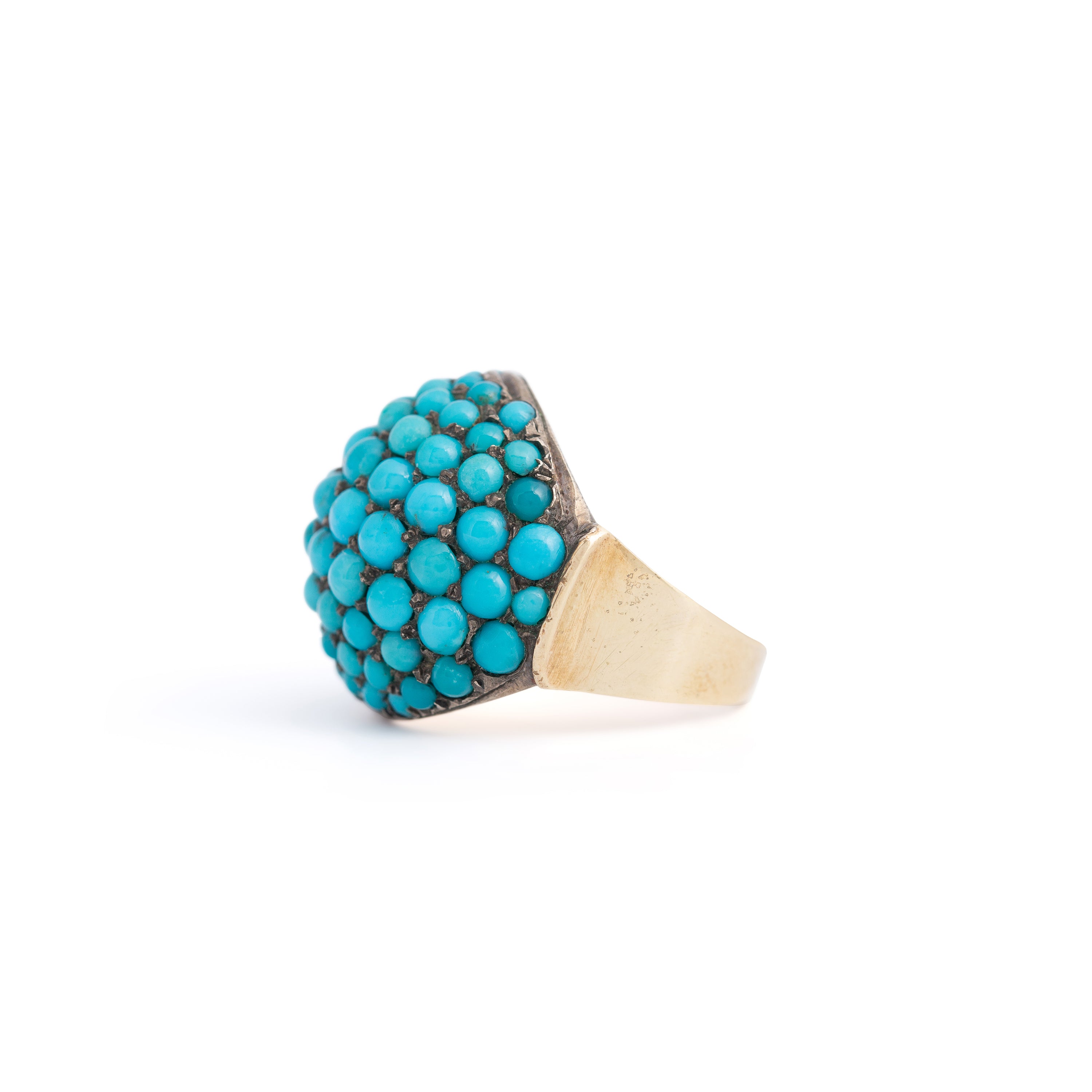 Victorian Pavé Turquoise, Silver, and 14k Gold Bombe Ring