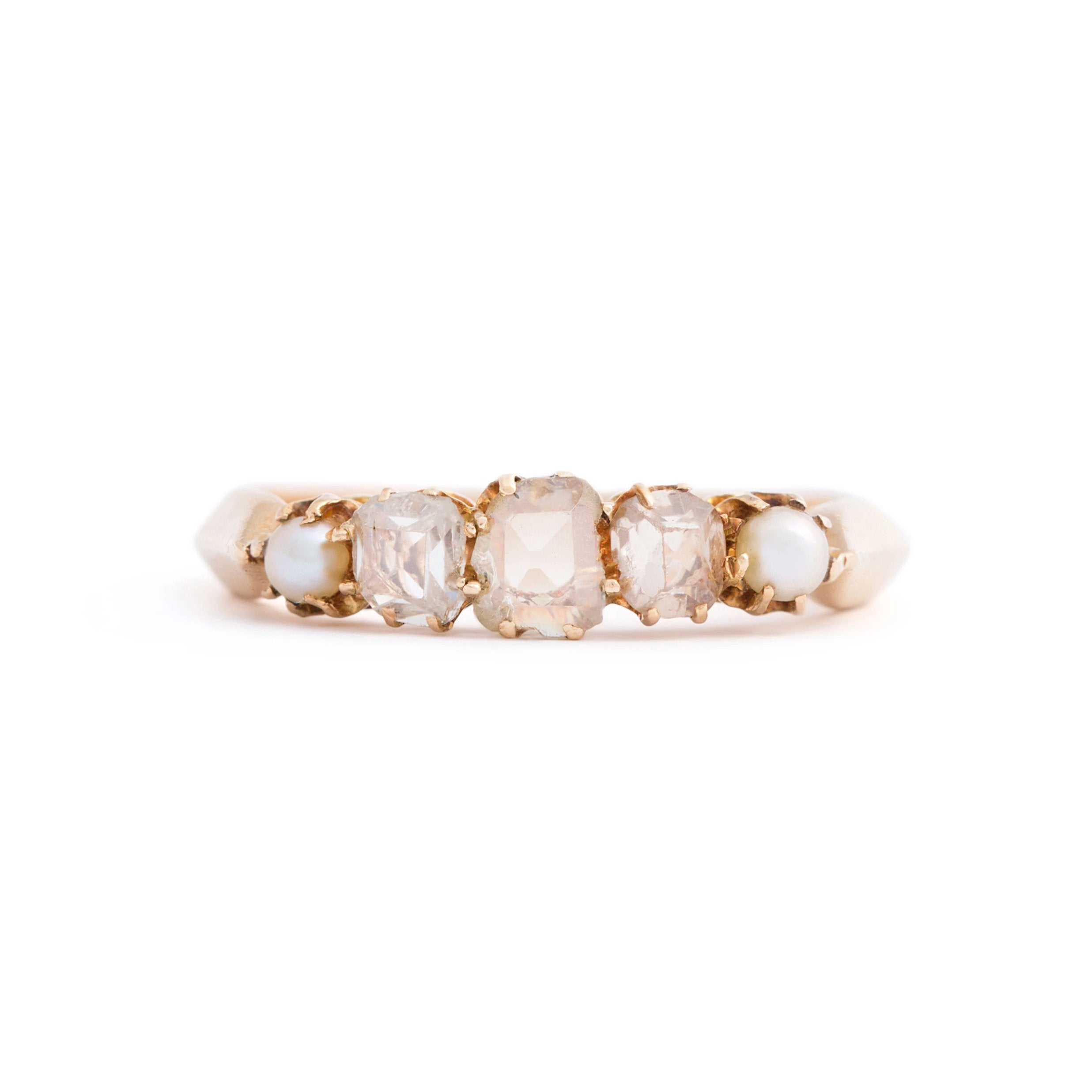 Victorian 5-Stone Pearl and Old Cut Diamond 18k Gold Ring