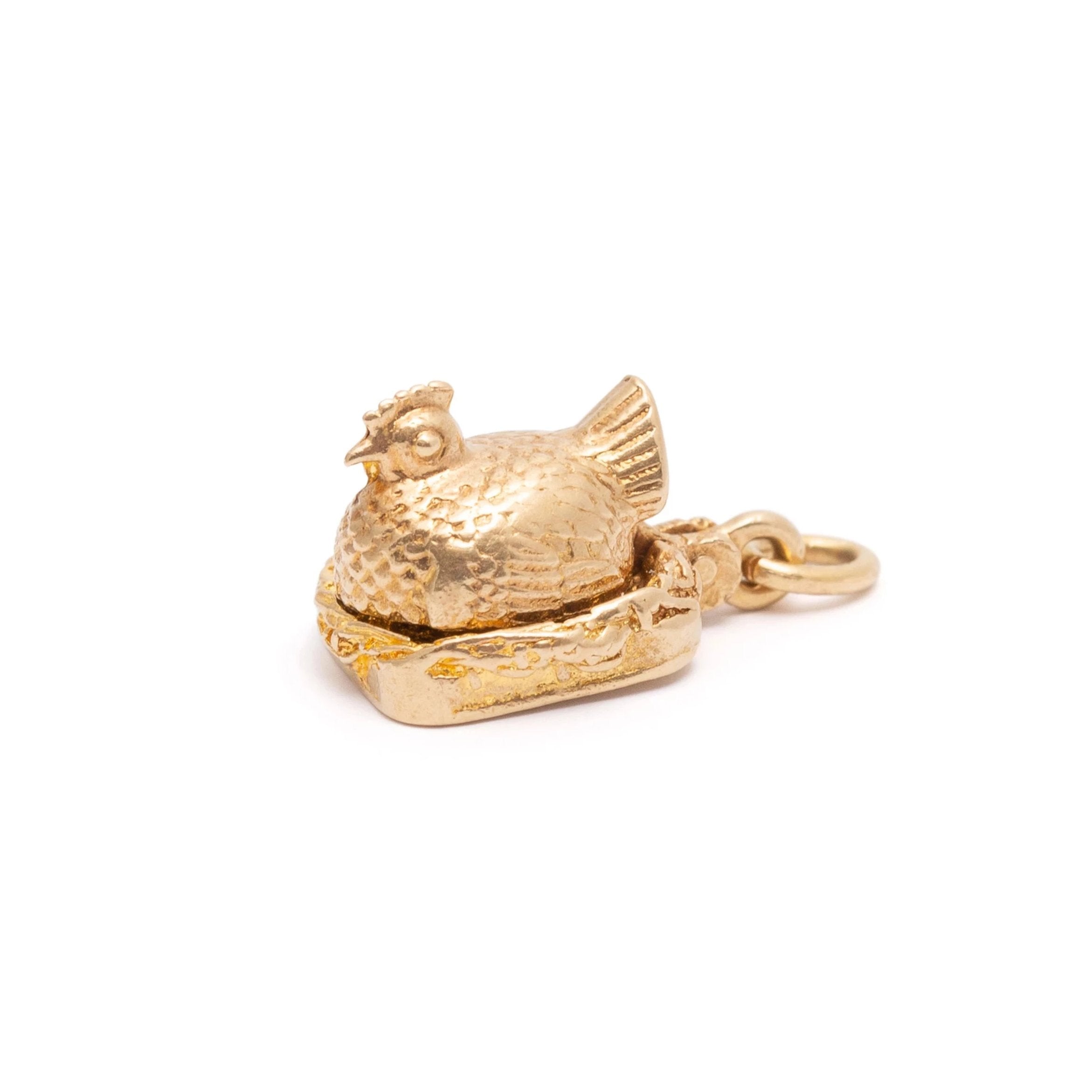 Movable "Freshly Laid" Chicken with Pearls and 14K Gold Charm