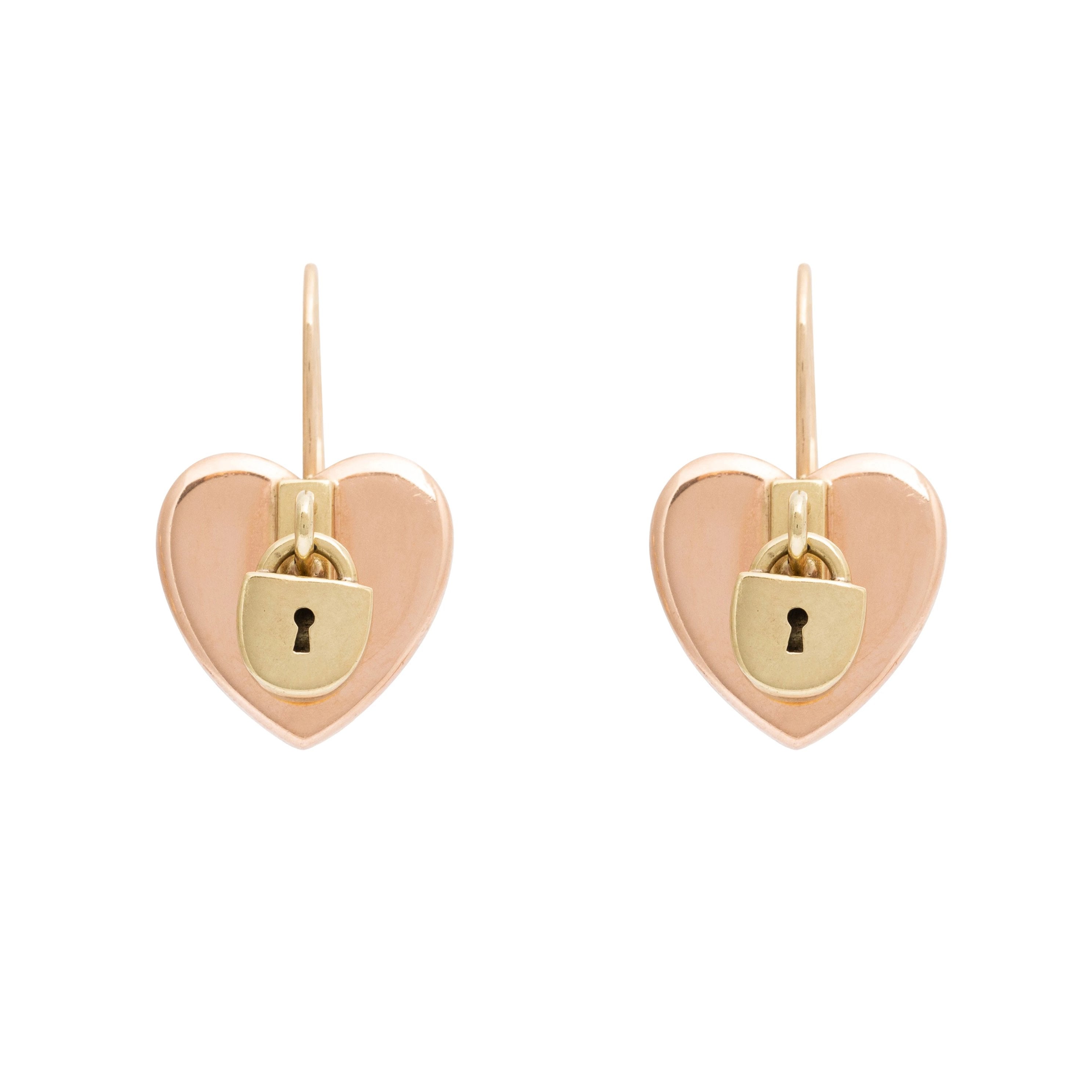 Heart and Lock Bi-Color 14k Rose and Yellow Gold Earrings