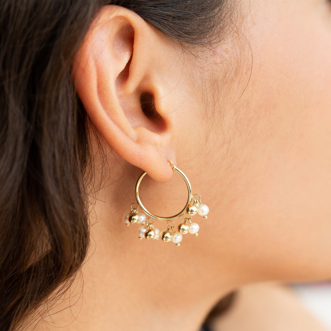 Pearl Fringe 14k Yellow Gold Hoop Earrings