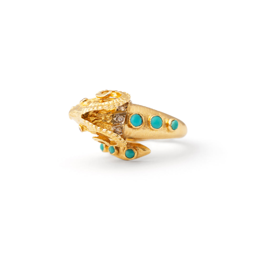 Rams Head Turquoise, Ruby, Diamond, and 18k Gold Ring