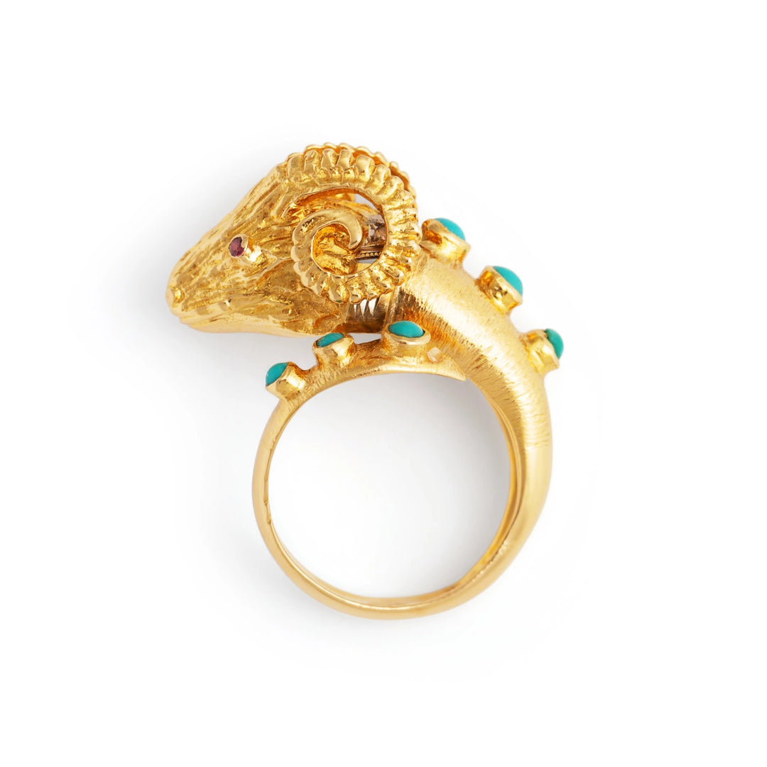 Rams Head Turquoise, Ruby, Diamond, and 18k Gold Ring