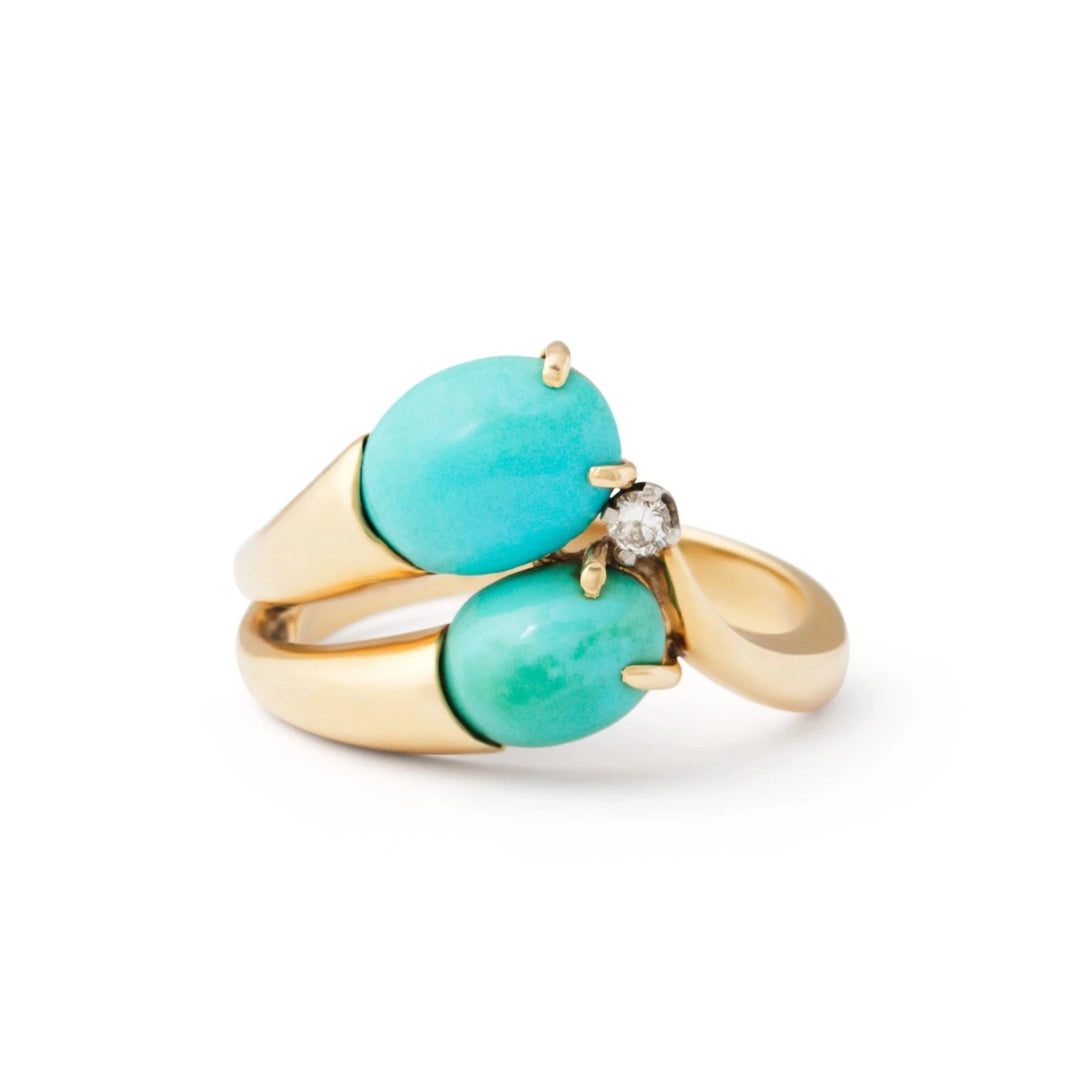 Asymmetrical Turquoise and Diamond and 14k Gold Ring