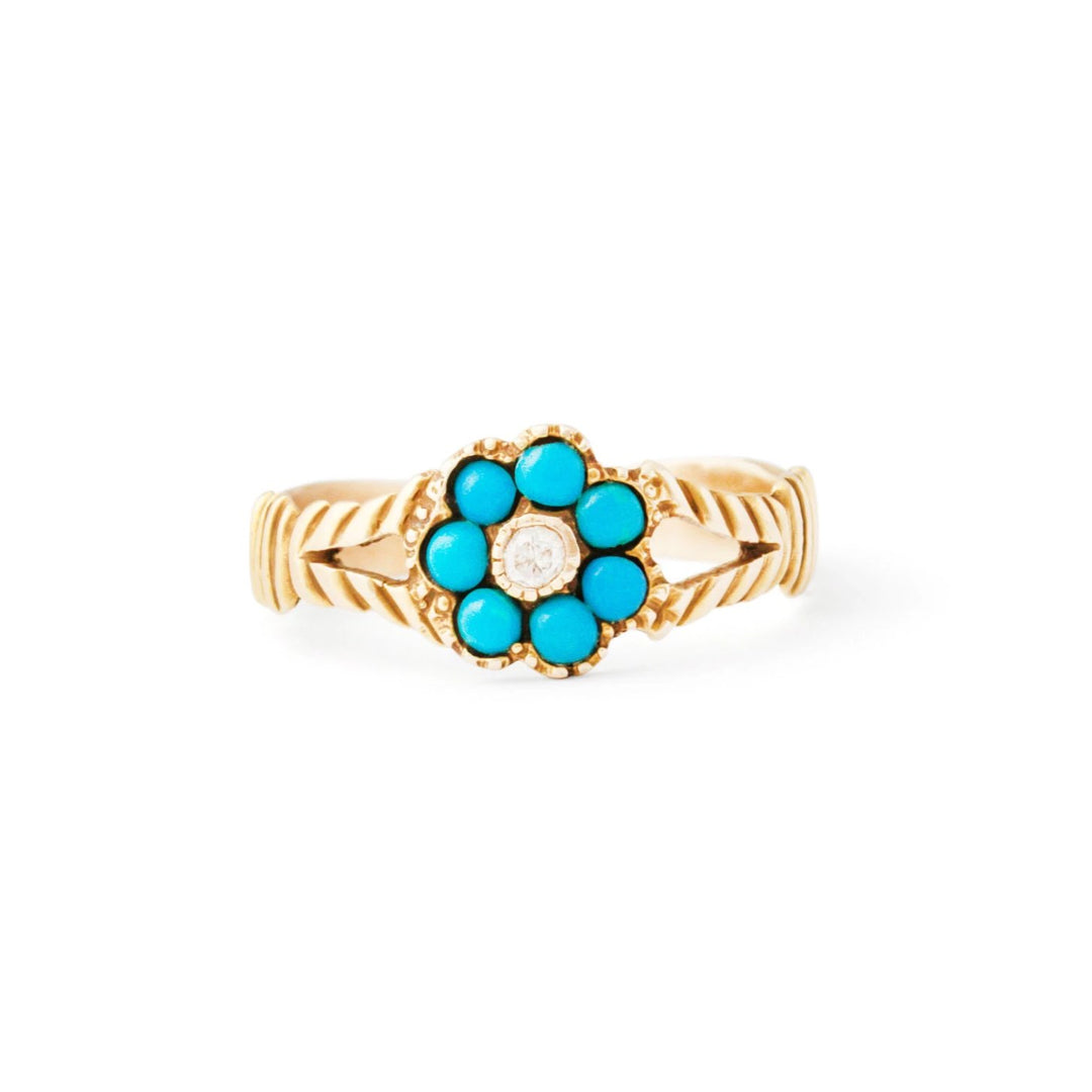 Victorian Turquoise And Diamond Floral Cluster 14k Gold Ring