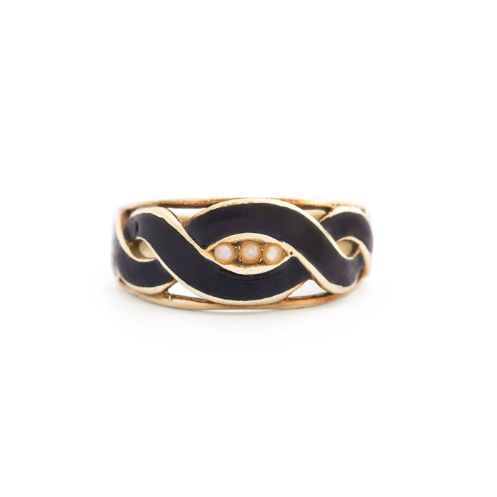 Victorian Black Enamel and Pearl 18k Gold Ring