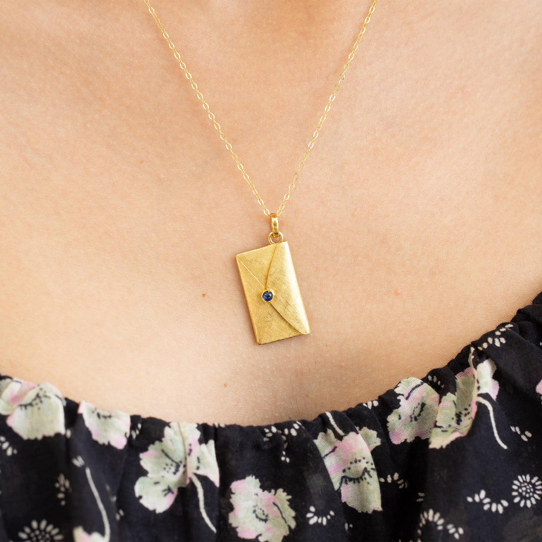 Envelope and Love Letter 18k Gold and Sapphire Necklace