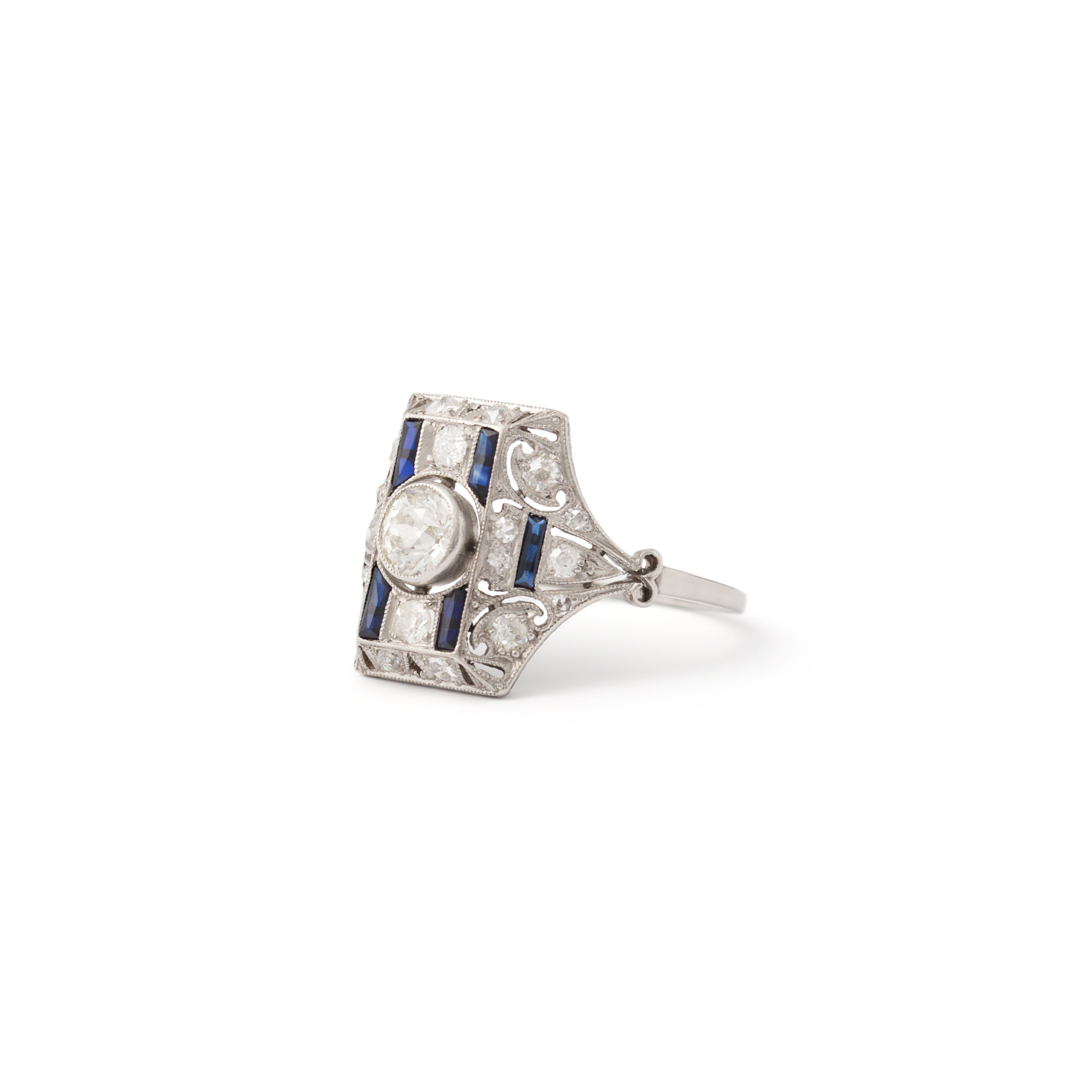Austrian Art Deco Old European Cut Diamond and Sapphires Platinum Ring