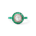 Art Deco Old European Cut Diamond and Emerald 18k White Gold Ring