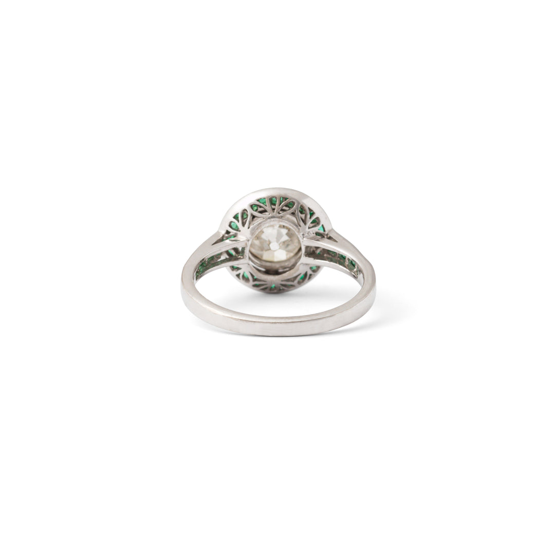 Art Deco Old European Cut Diamond and Emerald 18k White Gold Ring