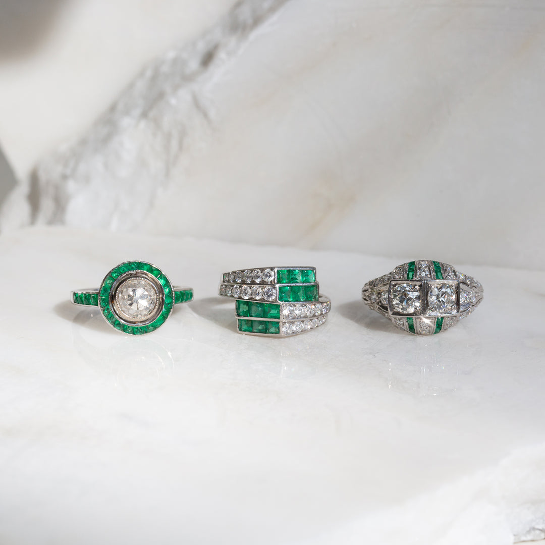 Art Deco Old European Cut Diamond and Emerald 18k White Gold Ring