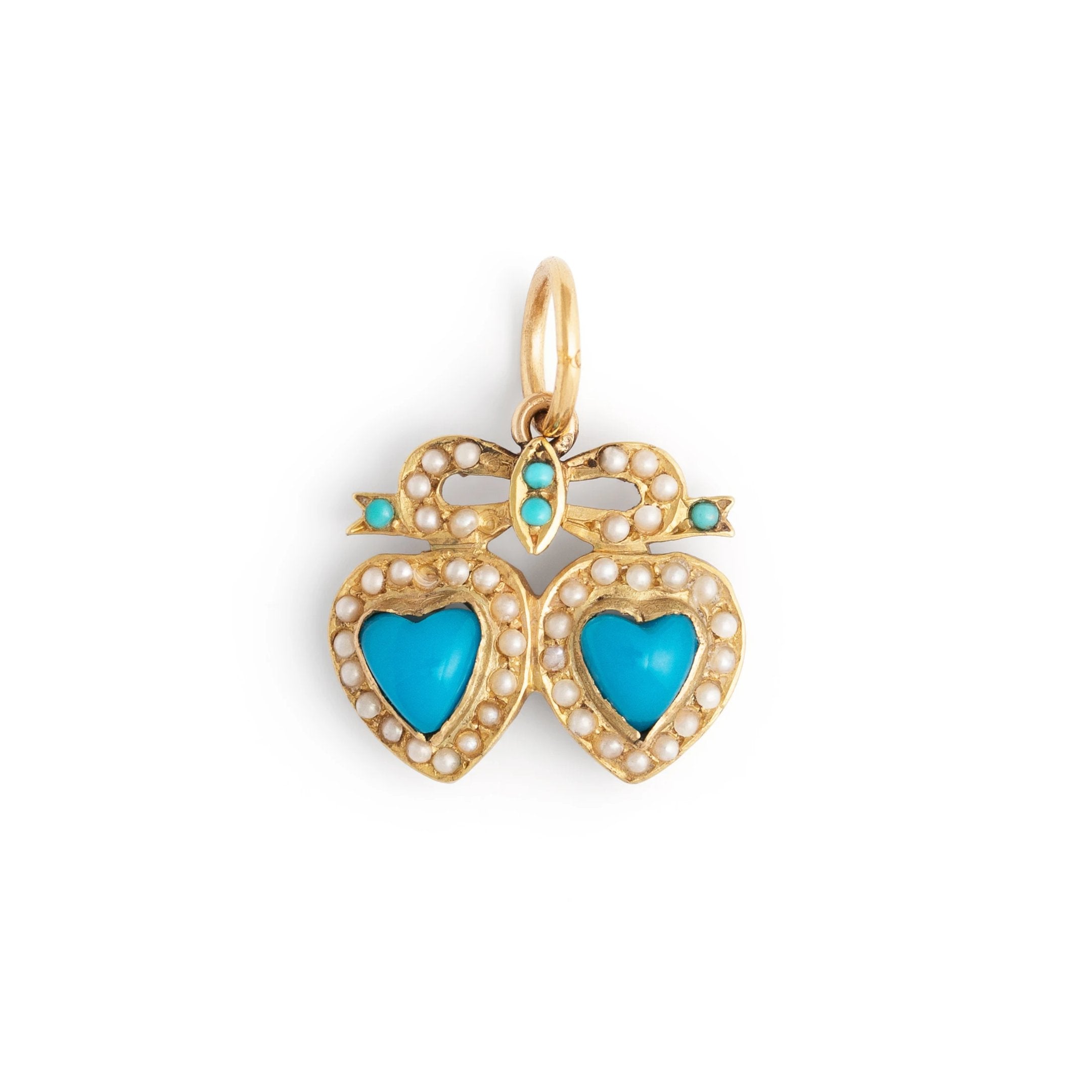 English Victorian Double Heart Turquoise and Pearl Gold Charm