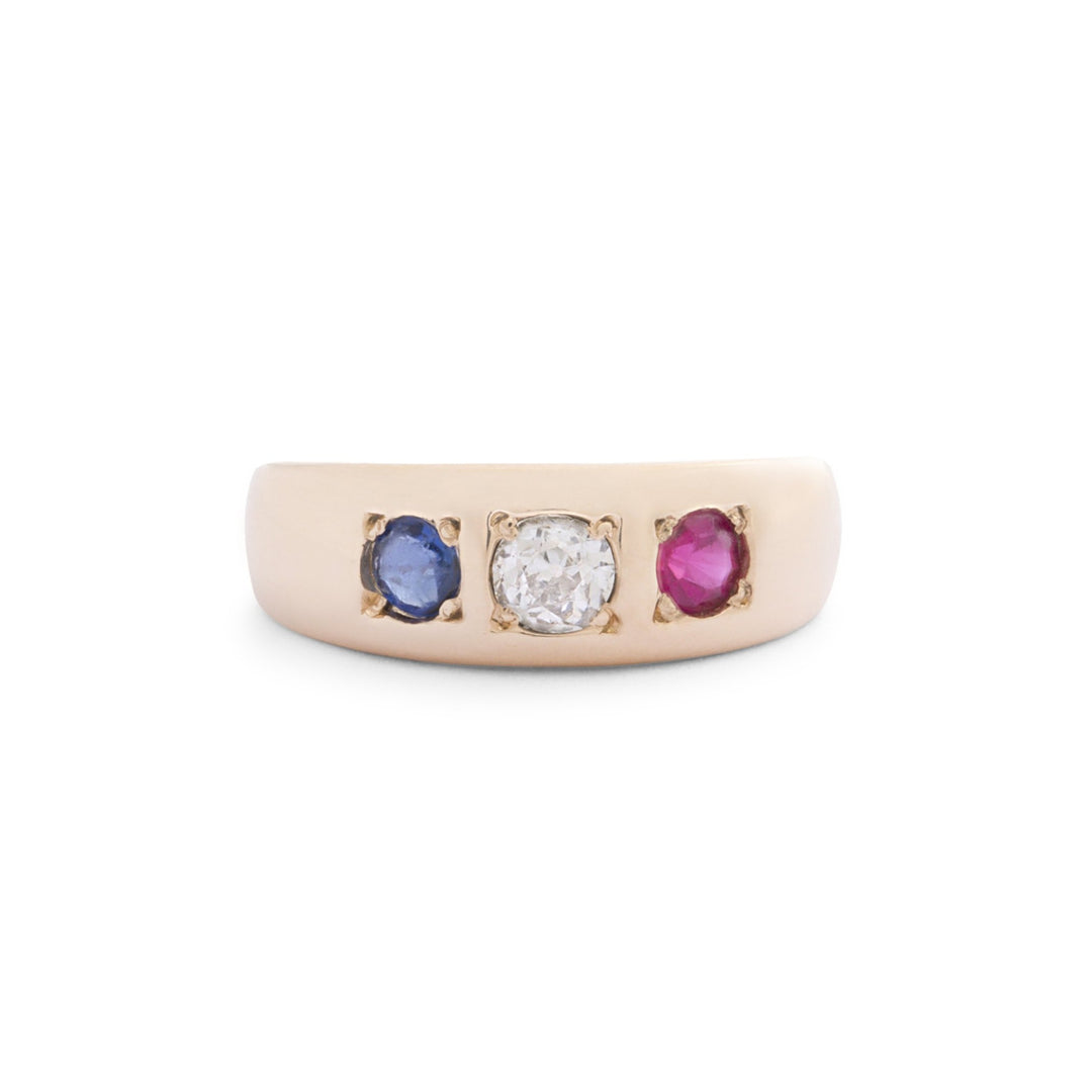 Victorian Ruby, Diamond, And Sapphire 14k Gold Gypsy Ring
