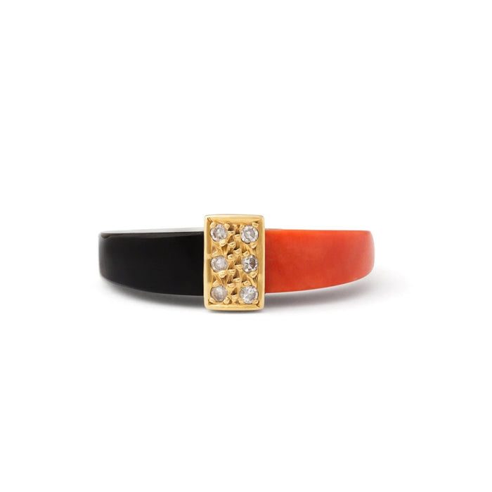 Modernist Onyx, Coral, and Diamond 18k Gold Ring