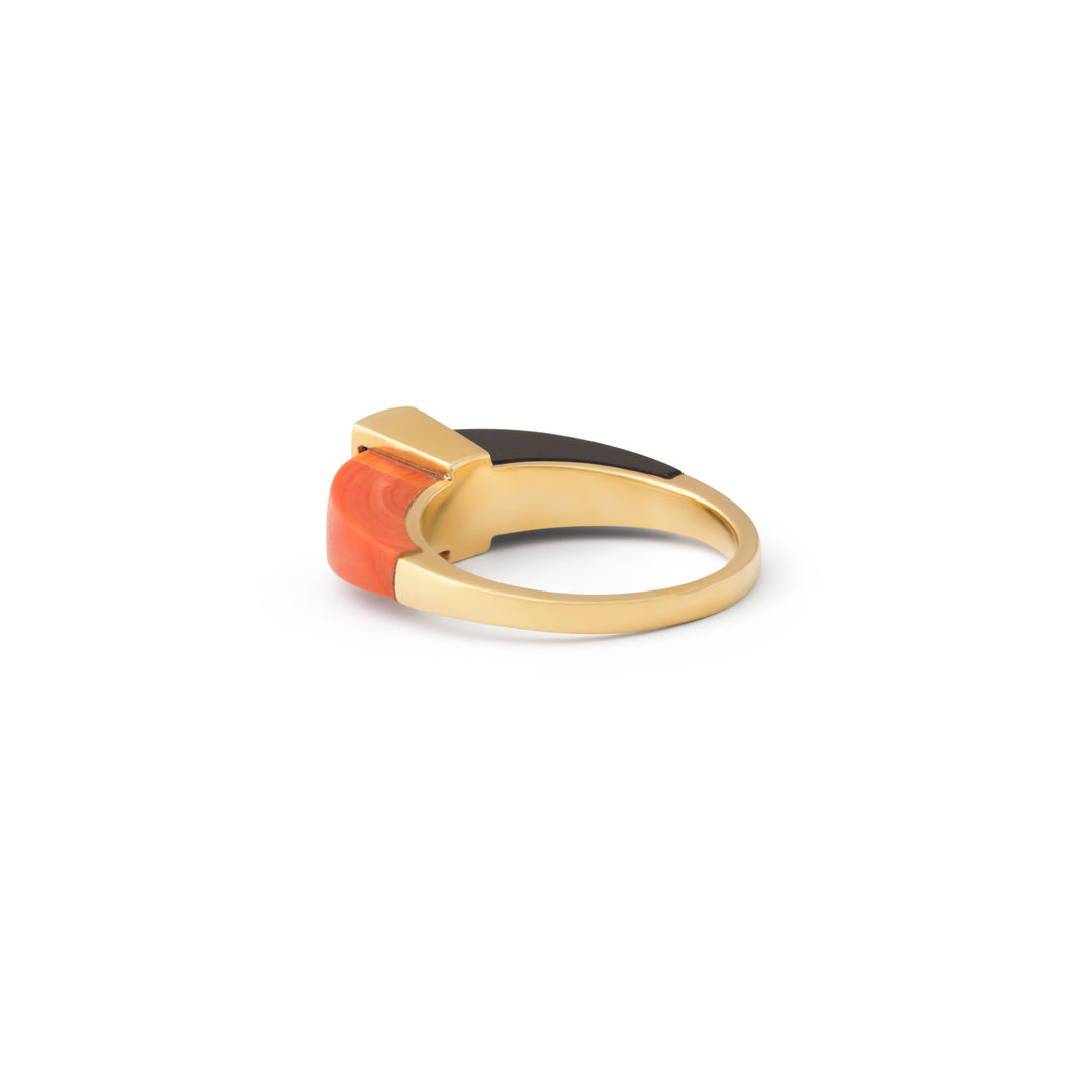 Modernist Onyx, Coral, and Diamond 18k Gold Ring
