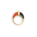 Modernist Onyx, Coral, and Diamond 18k Gold Ring