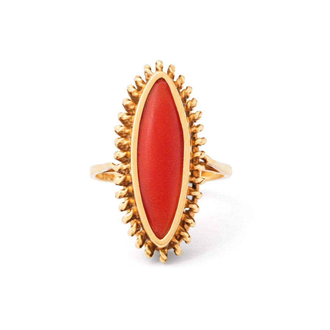 Red Coral 18k Gold Navette Ring