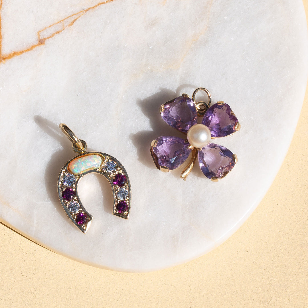 Four-Leaf Clover Amethyst and Pearl 14K Gold Charm
